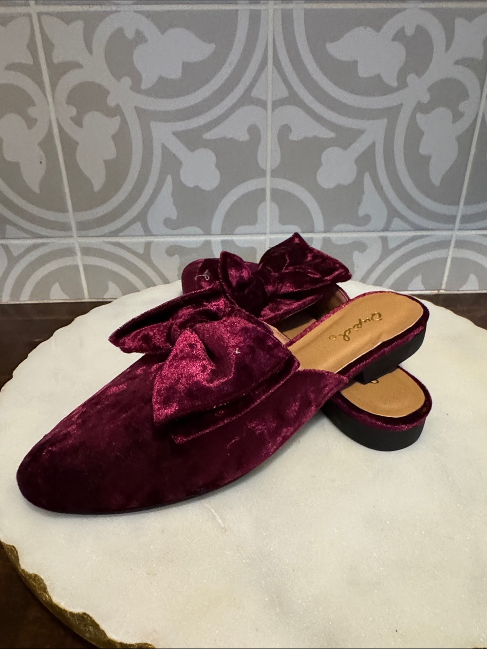 Qupid Burgundy Velvet Bow Slip-On Mules